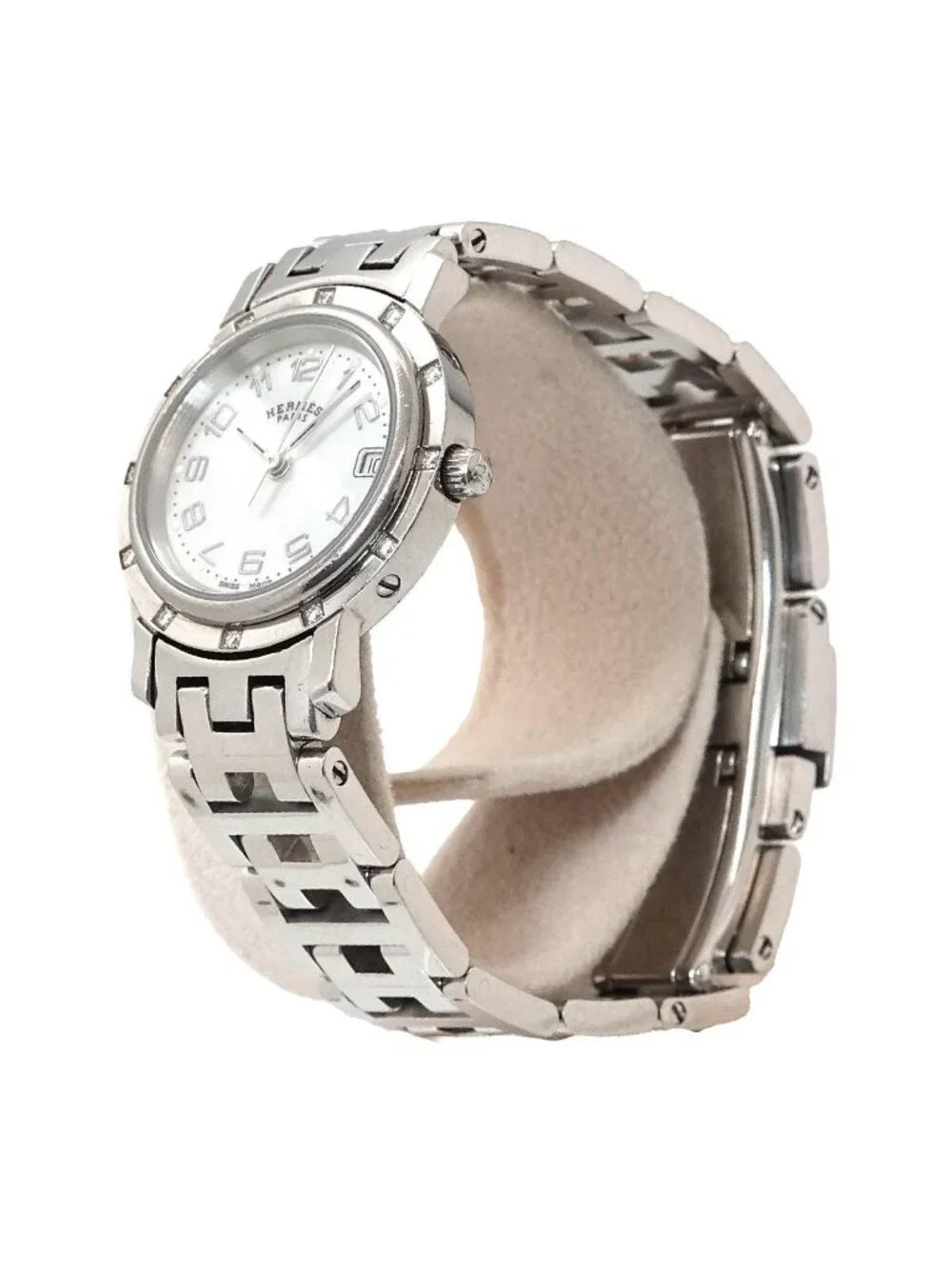 Hermes Cles Cl4 230 Watch Diamond Bezel White Shell Quartz Clipper